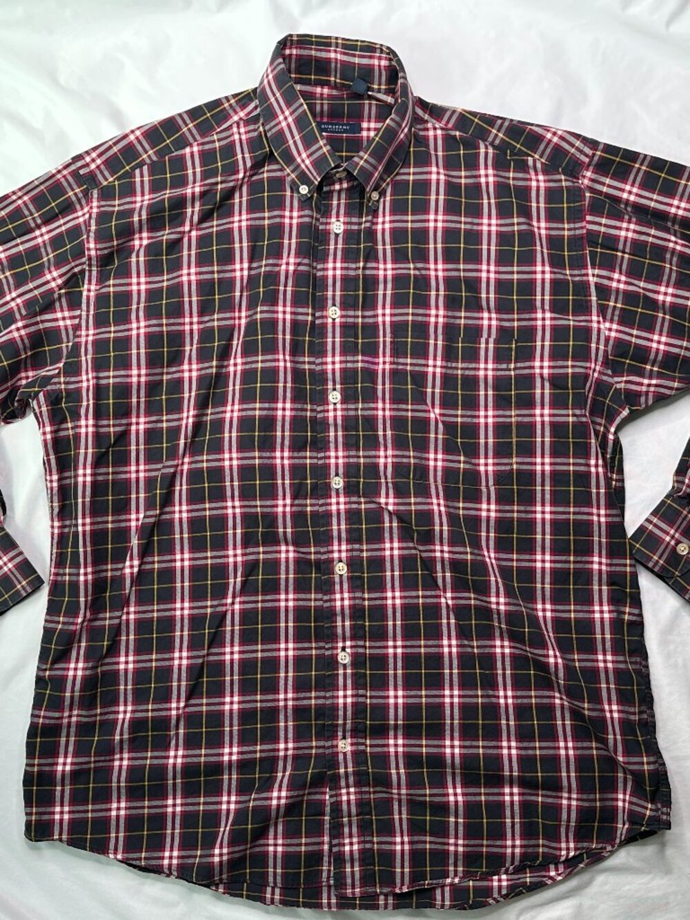 Vintage Burberry London Mens Large Tartan Plaid Red Black Button Down Shirt